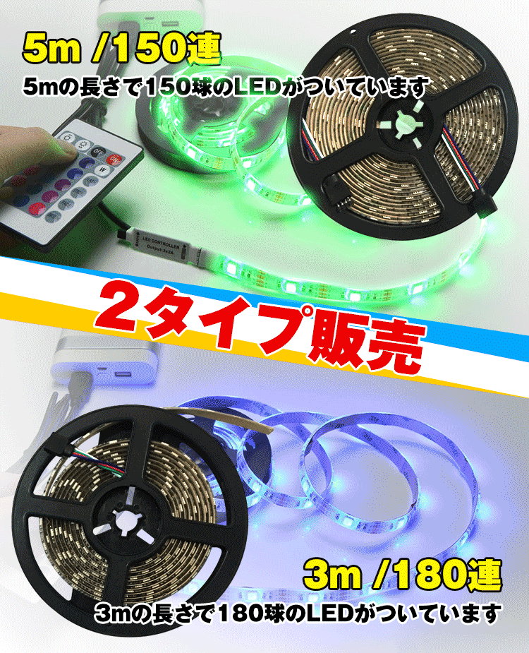 【10/4(日)〜全商品CP】ledテープライト 間接照明 車 5m 防水 3m リモコン付き usb電源対応 150連 180連 16色 正面発光 看板照明 イルミネーション sl032 (2)