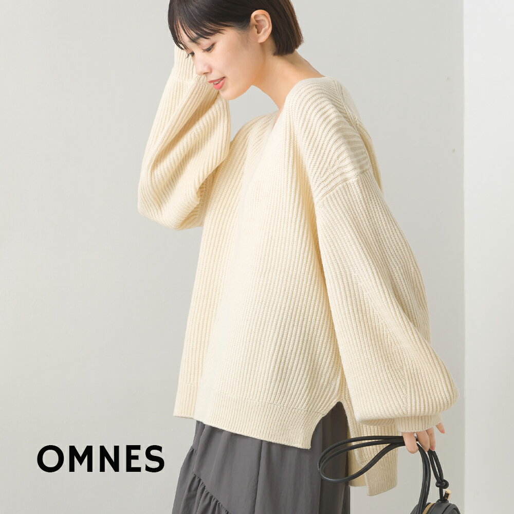 【OMNES】畦編みVネック袖ボリュームニット レディース ニット フリーサイズ カジュアル 長袖 秋冬 ぽわん袖 ボリューム袖 あぜ編みのサムネイル
