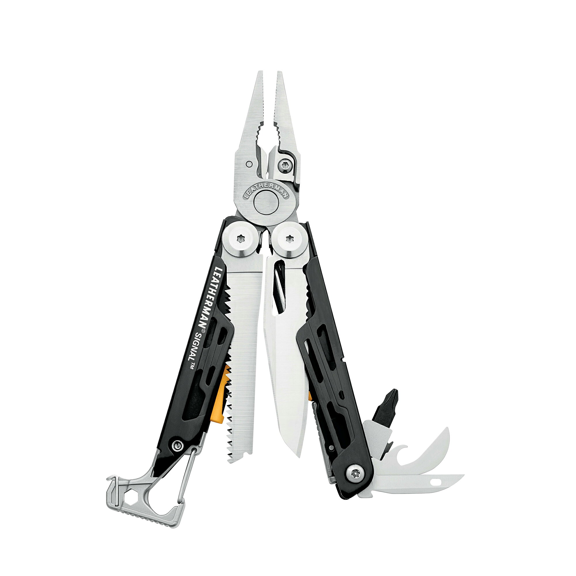 商品の仕様●その他のカラーはクリックしてご購入いただけます・ COYOTE・ TOPO・ Nocturnal●ひとつは持ちたいレザーマン: 40年もの間、レザーマンは予期せぬ事態にも対処できるツールを多くのお客様に提供してきました。●優れた耐久性: 製品はオレゴン州ポートランドの工場で製造され、25年間の保証が付いています。創業者ティムレザーマンの革新性と忍耐力を体現した製品は長年お使いいただけます。●アウトドアの強い味方:キャンプ、ハイキング、釣り等のお供に。コンパクトなサイズの中に、SIGNALはアウトドアライフに必要なツールを備えています。●サバイバルにも: SIGNALは過酷な状況下での使用を想定して設計されています。着火ができるファイヤースターター、テントのペグを打つハンマー、釣りに使えるプライヤー、いざという時に救助を呼べる救難ホイッスルを搭載。●19のツールが1つに: 全長11.4cm/213gの持ち運びに便利なポケットサイズにナイフ、プライヤー、ワイヤーストリッパー、栓抜き、ハンマー、のこぎりなどが装備されています。品質保証25年保証について本商品は、当店が LEATHERMAN 社より直接仕入れた正規品です。25年保証は当店が直接対応いたします。なお、当店は LEATHERMAN 社との直接取引となるため、国内販売代理店（株式会社LTJ）の保証窓口ではお取り扱いいただけません。ご不具合の際は、お手数ですが当店までご連絡ください。保証のご利用方法1. 当店でのご注文番号を添えて、当店までお問い合わせください。　※保証のご利用には「発送完了メール」が必要です。大切に保管してください。2. 内容を確認のうえ、送付先をご案内いたします。3. 返品・交換のお手続きを承ります。※ この保証は、誤用・乱用・改造された製品や、不当に使用された製品には適用されません。また、シース・アクセサリー、およびカラー仕上げハンドルの色の剥離・変色は保証の対象外です。注意事項●配送先の変更や転送のご依頼は承りかねます。●1回のご注文で複数個ご購入の場合、分割発送となることがございます。●商品に不具合を感じた場合は、的確な不良診断のため、まずは当店までご連絡をお願いいたします。●万が一商品に不良があった場合は、誠に恐れ入りますが、商品到着後7日以内にお問い合わせください。●当店の LEATHERMAN 商品は、すべて日本国内から発送いたします。●ご覧のモニターの発色具合により、実際の商品と色味が異なって見える場合がございます。ご購入前にご確認ください●本商品は刃物を含みます。業務その他正当な理由なく刃物を携帯することは、銃砲刀剣類所持等取締法および軽犯罪法により禁止されています。●18歳未満の方のご購入はご遠慮ください。その他のカラーは画像をクリックしてご購入いただけます ▼