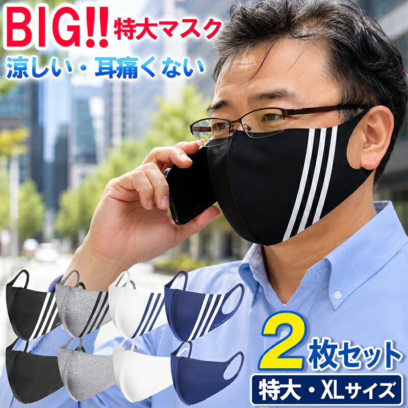 特大マスク 冷感 洗える 大きめ メンズ 特大 2枚セット 花粉症対策 UV対策 耳痛くない サイズ LL XL XXL 大きいマスク でかい 息しやすいマスク 立体マスク スポーツ 息がしやすい 口に張り付かない 通気性 軽量 ビックサイズ 5L 3L 2L ブラック グレー ホワイト 黒 白