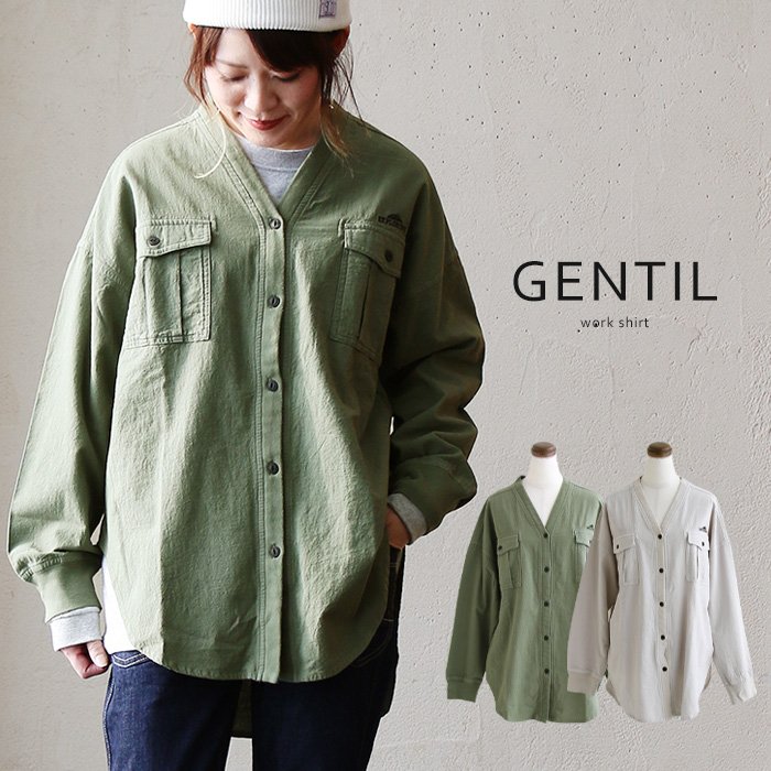 シャツ ワークシャツ カーディガン 長袖 メンズ レディース お尻隠れる Vネック 無地 綿100％ 丈夫 通気性 ストレッチ 薄手 春 春服 大きいサイズ ゆったり 体型カバー カジュアル ワーク メンズライク PATY パティ GENTIL ジャンティのサムネイル