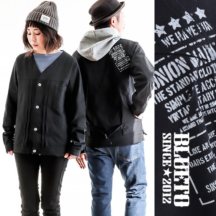 Gジャン デニムジャケット ノーカラー レディース メンズ 長袖 アウター ライトアウター コットン 綿100％ 春 秋 春服 秋服 バックプリント 大きいサイズ カジュアル 大人 カーディガン ブランド 星 刺繍 黒 ブラック 無地 おしゃれ かっこいい PATY パティ BLUETO ブルートのサムネイル