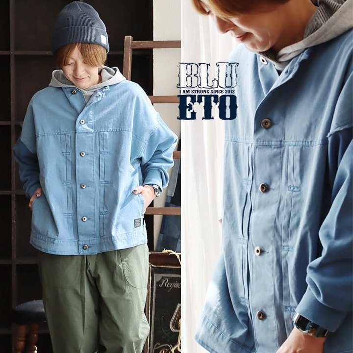 ブルゾン Gジャン レディース ノーカラー スタンドネック ミドル丈 大きいサイズ 無地 ワイド ジャケット 布帛 デニム カットソー 異素材切り替え お尻が隠れる ピグメント加工 褪せ色 かっこいい おしゃれ PATY パティ BLUETO ブルートのサムネイル