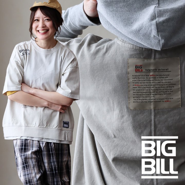 BIG BILL ビッグビル Tシャツ 半袖 レディース 無地 重ね着風 ピグメント かすれ プリント ピスネーム 綿100％ コットン ゆったり 体型カバー 大きいサイズ カジュアル パティ