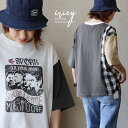 Tシャツ バンドT 5分袖 レディース クルーネック リメイク 配色 チェック柄 プリント 綿100% コットン 天竺 16番手 タフ 大きいサイズ ゆったり ...