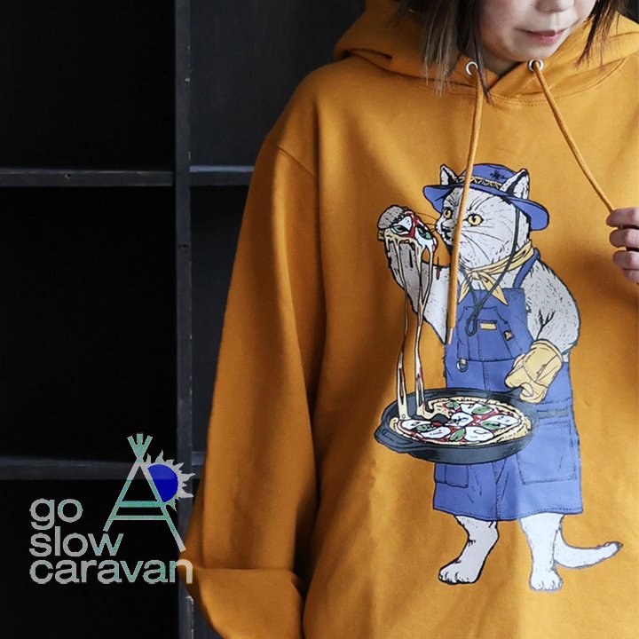 go slow caravan ゴースローキャラバン パーカー 長袖 メンズ レディース アニマル プリント ネコ 猫 綿100 コットン ヘビーウェイト タフ 裏毛 ゆったり 大きいサイズ カジュアル 秋 冬 パティ