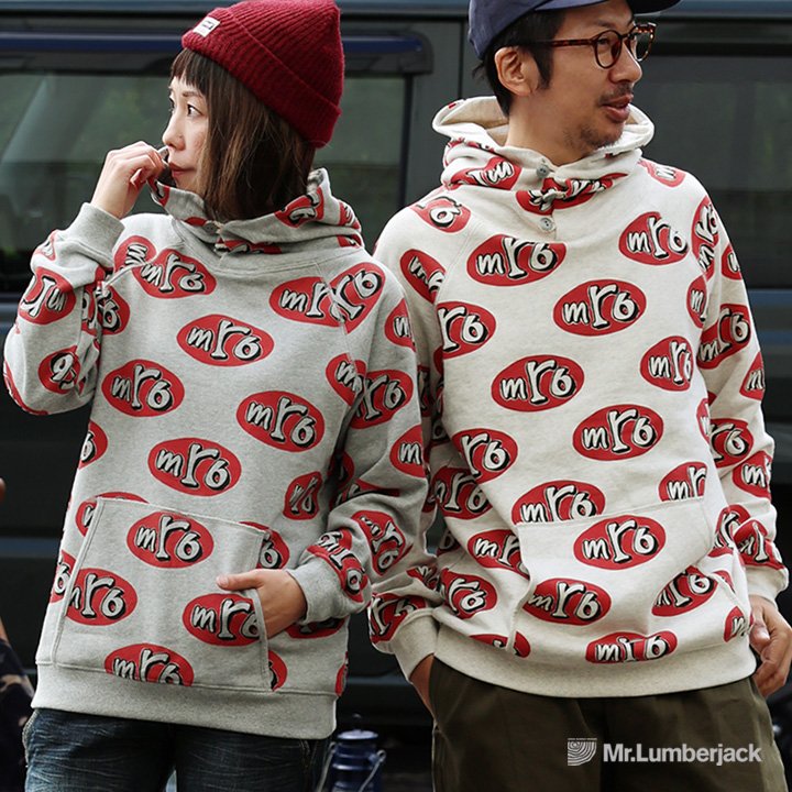 パーカー 裏毛 スウェット メンズ レディース 長袖 プルオーバー コンチョボタン ハイネック USAコットン 綿100％ ポケット 袖 裾 リブ 総柄 プリント 防寒 保温 秋冬 おしゃれ カジュアル パティ Mr.Lumberjack ミスターランバージャック