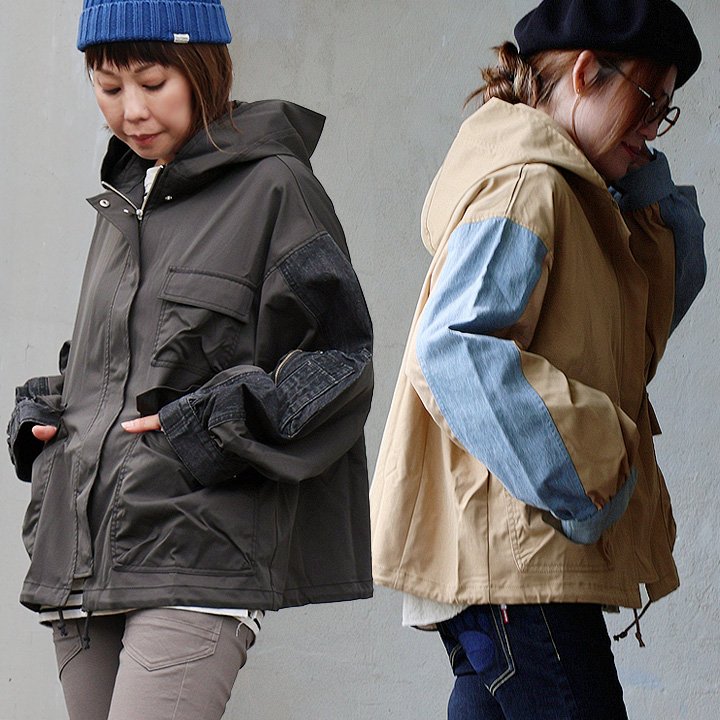 マウンテンパーカー マンパー 長袖 レディース フード付き ポリエステル ツイル デニム 異素材切り替え ポケット 袖カフス 比翼 ワイド 大きいサイズ 体型カバー カジュアル メンズライク 秋 パティ