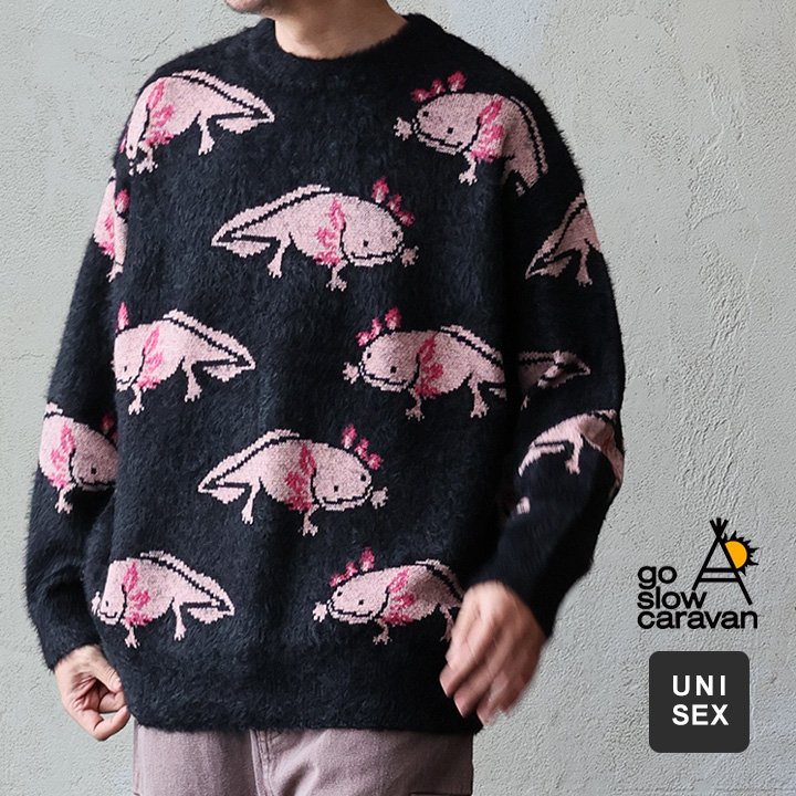 go slow caravan ゴースローキャラバン ニット セーター 長袖 メンズ レディース クルーネック ナイロン アクリル ウーパールーパー 総柄 ダブ...