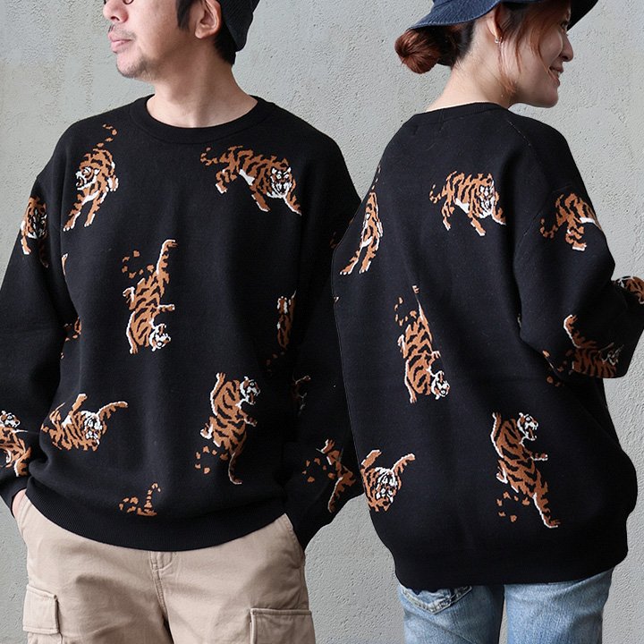 ニット セーター 長袖 メンズ レディース クルーネック トラ 虎 アニマル 総柄 レーヨン ポリエステル ナイロン チクチクしない 洗濯可能 伸縮性 大きいサ...