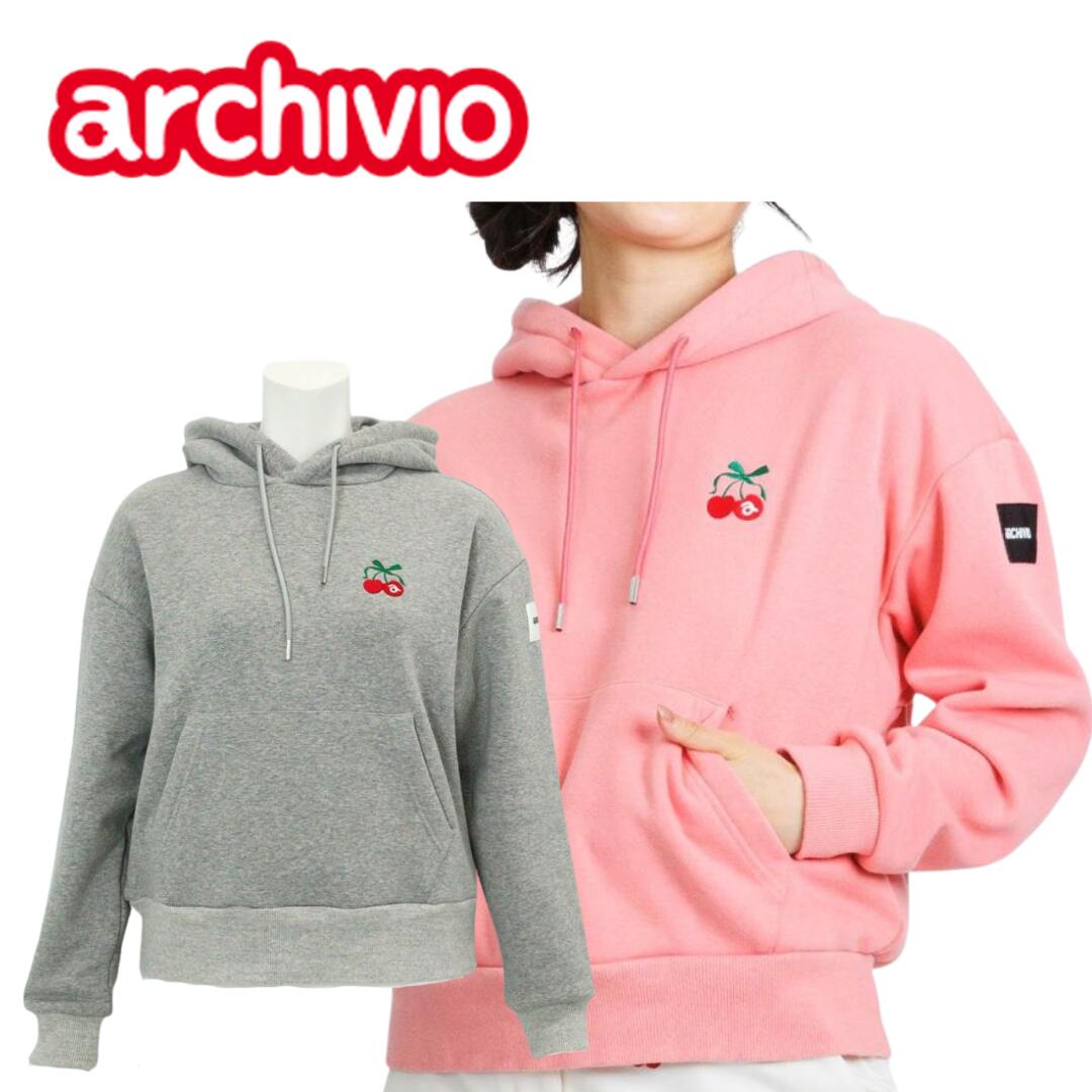 【送料無料】 archivio アルチビオ チェリー柄裏起毛パーカー レディース ゴルフ ウェア スウェット トレーナー 裏起毛 保温 防寒 38/40 M/L ピンク グレー A519109