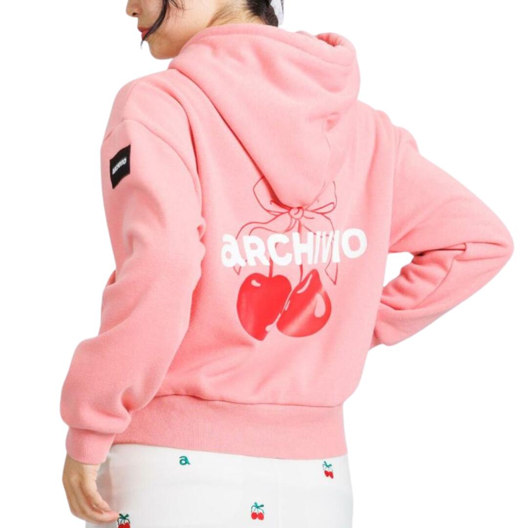 【送料無料】 archivio アルチビオ チェリー柄裏起毛パーカー レディース ゴルフ ウェア スウェット トレーナー 裏起毛 保温 防寒 38/40 M/L ピンク グレー A519109