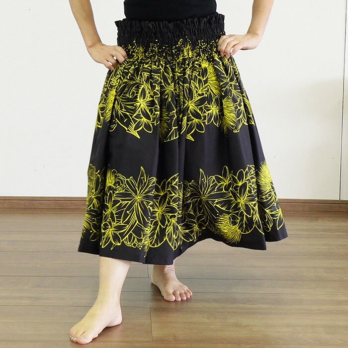 パウスカート 黒 レフア プルメリア柄 spau-2942BKYW サイズが選べる フラダンス衣装
