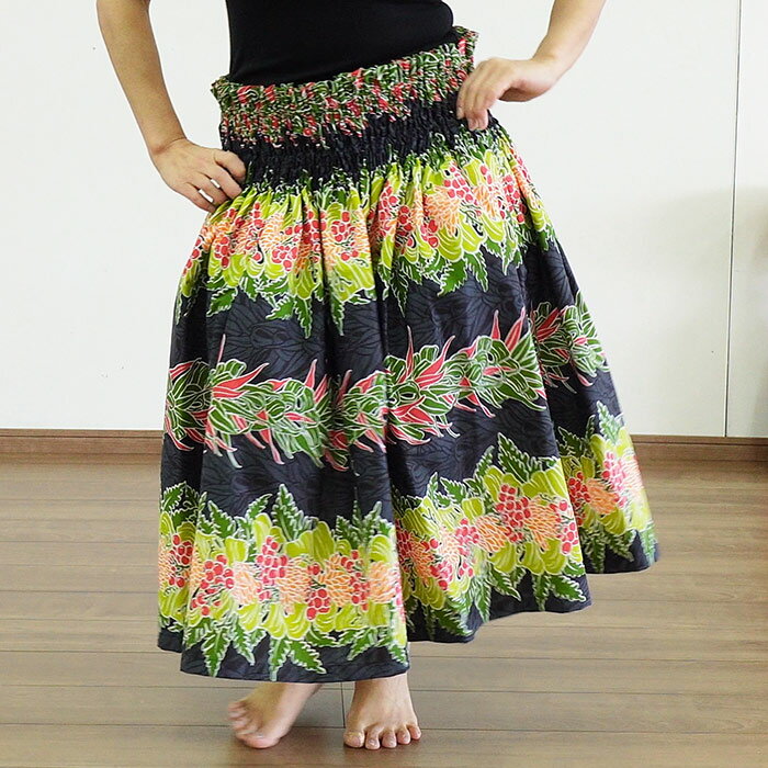 パウスカート 黒 ティリーフ モキハナ柄 spau-2943BK サイズが選べる フラダンス衣装