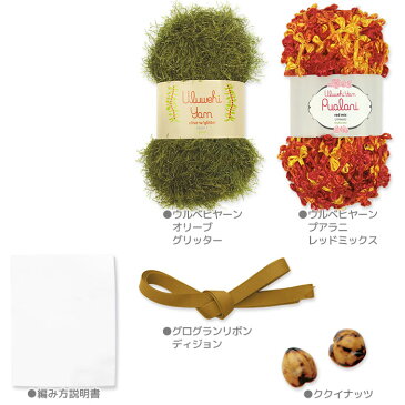 クロシェットレイ プアラニレイ 作成キット レッドミックスとグリーンのレイ★編み方レシピつきの便利なレイキット sewg-uykit-pua-rdmgn