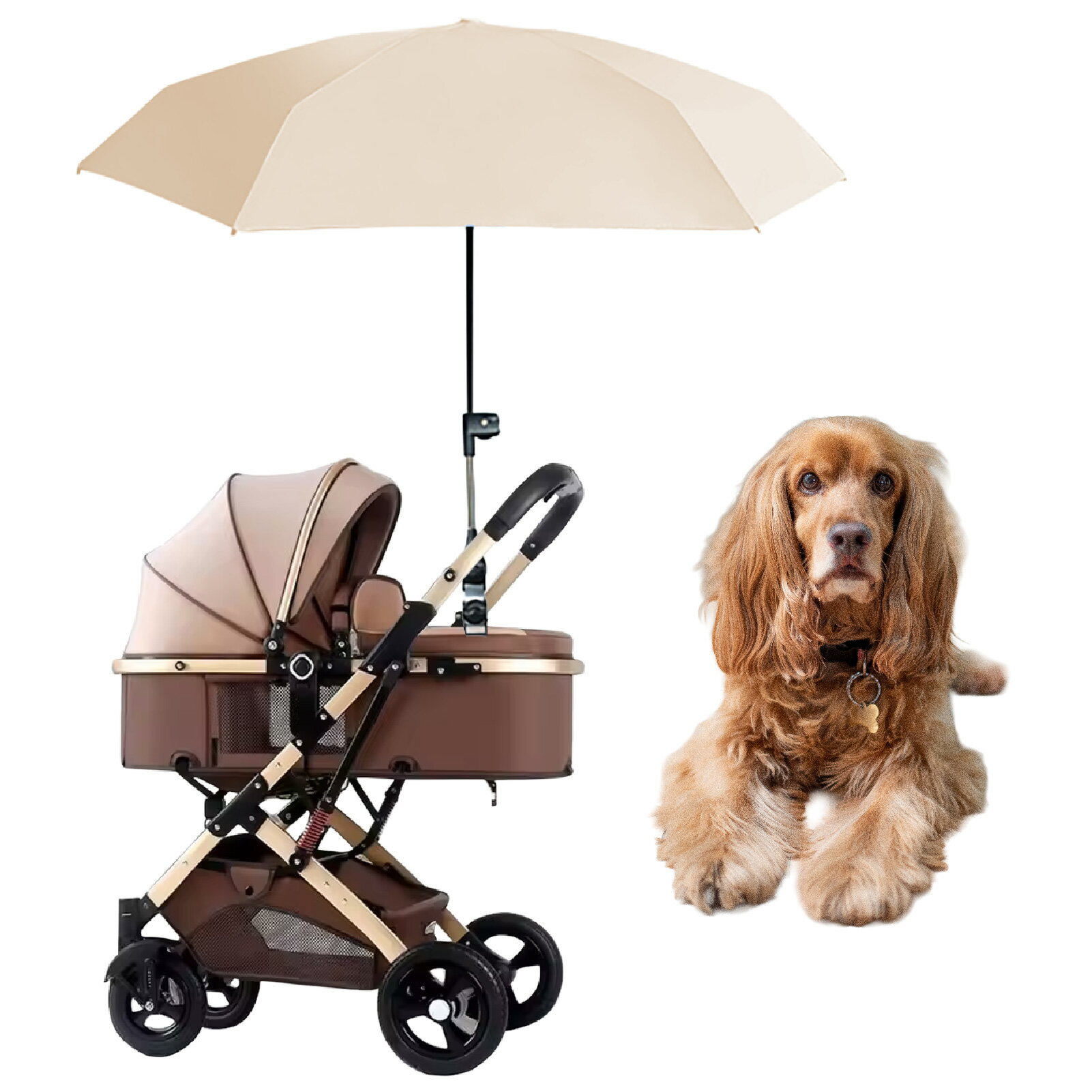 乐天商城 - Boono 犬用 ペットカート用 日傘 スタンド 犬用 日よけ 折りたたみ式 スタンド付き 直径91cm (ベージュ, 直径91cm)