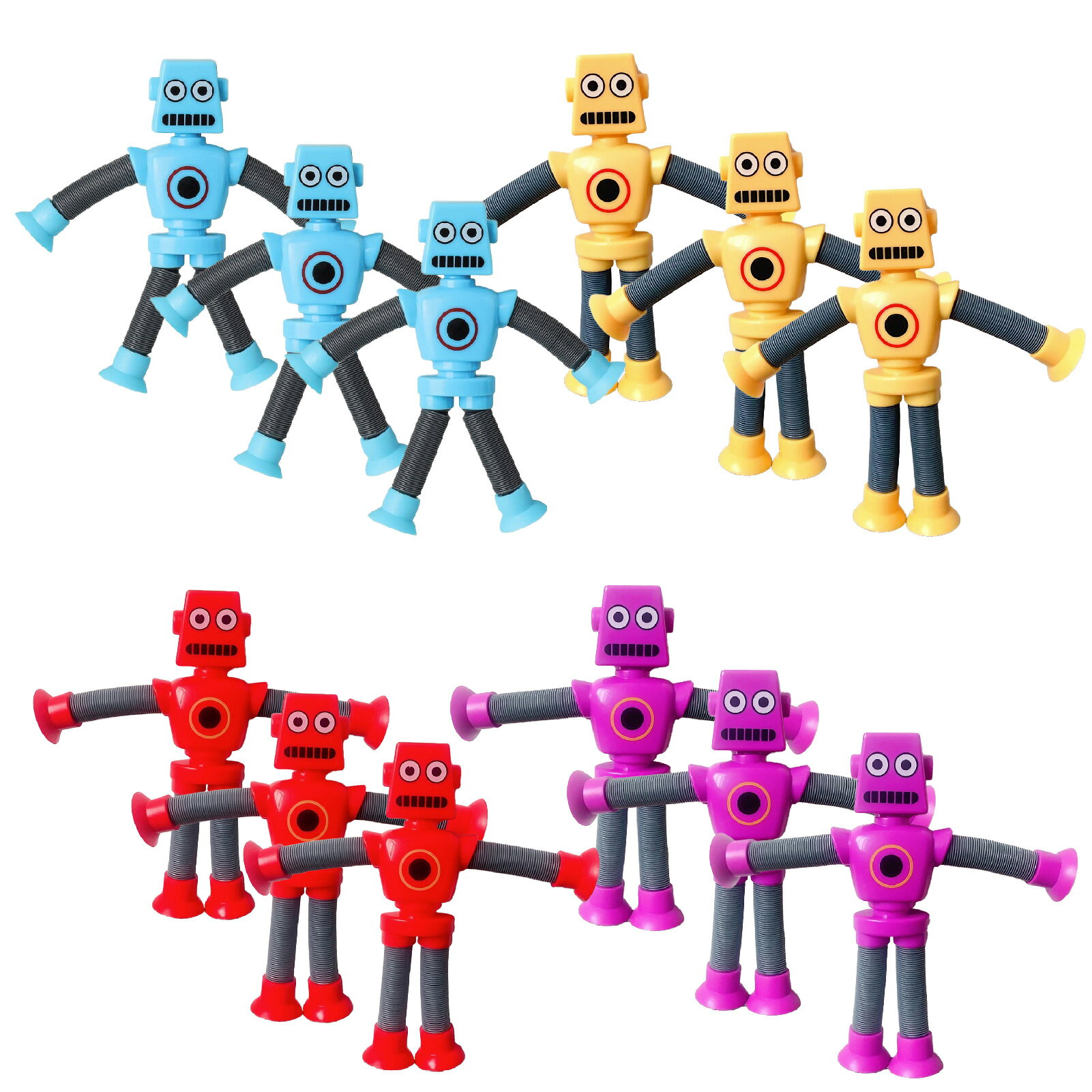 Boono ポップチューブ ロボット 玩具 手足が伸びる ロボット おもちゃ くだらない 面白いプレセント 吸盤 おもちゃ 4色 各3個セット (12個)