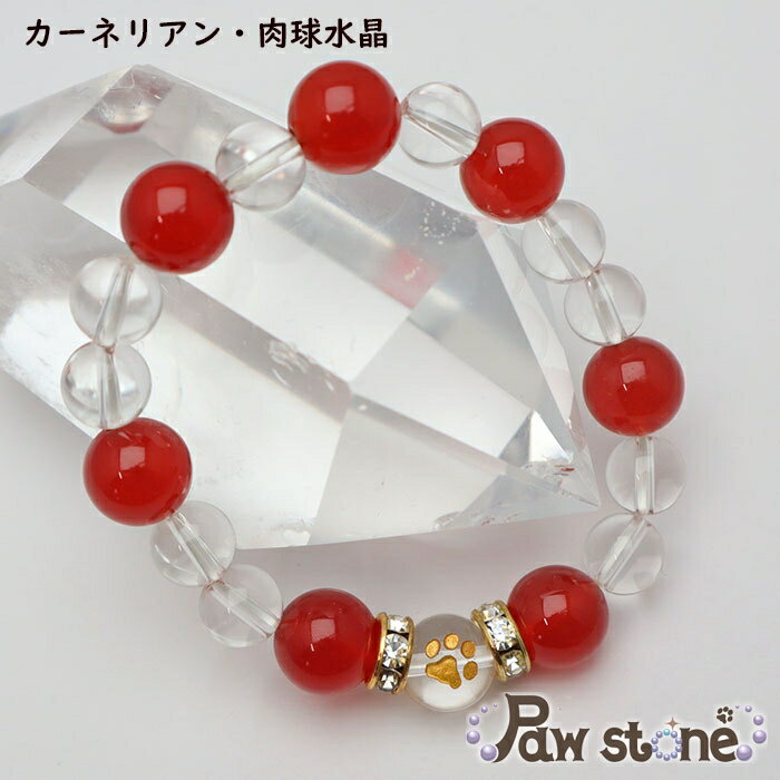【月間優良ショップ受賞】肉球水晶 10mm玉 カーネリアンブレスレット 14cm 7月誕生石 パワーストーン 犬柄 猫柄