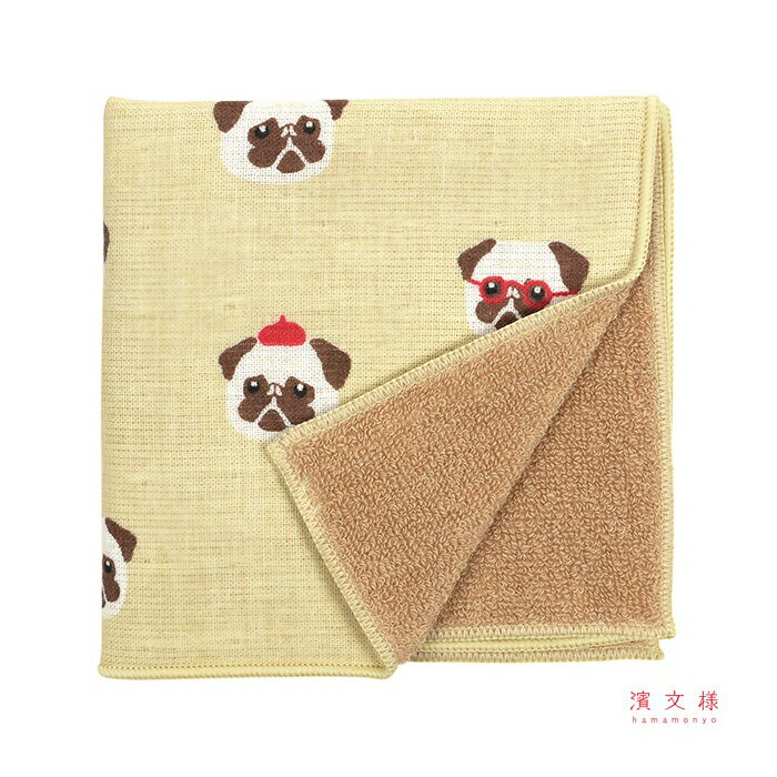 パグ ハンドタオル ハンカチ 和たおるセミウォッシュ パグ画伯 ベージュ 犬柄