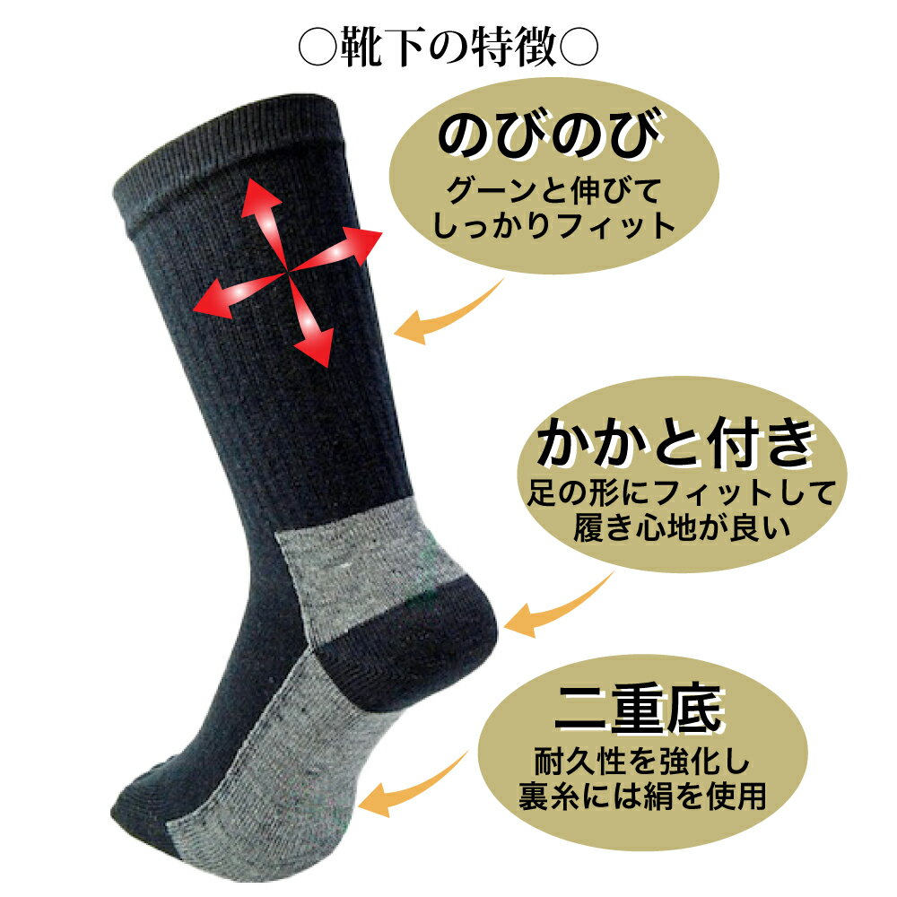 【店内全品P2倍さらに最大500円OFFクーポンあり】靴下 メンズ 絹混 3足組 シルク 裏絹 綿の二重底 絹の底力 25cm-27cm ワーキングソックス 富士手袋