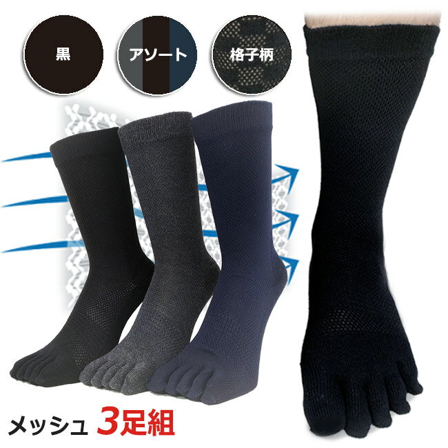 靴下 メンズ 5本指 3足組 メッシュ 夏用 銀イオン 消臭 25 - 27cm