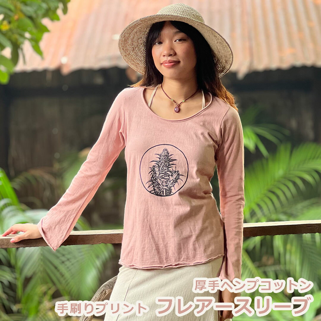 乐天商城 - パヤカ asana ヘンプコットン 厚手 フレアースリーブ・手刷りプリント＜草木染め＞レディース 女性 麻 ワンピース　アジアン　エスニック おしゃれコーデ