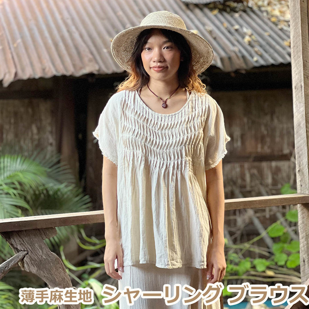 乐天商城 - パヤカ asana 麻100％ 薄手 シャーリング ブラウス＜きなり＞ レディース 女性 タンクトップ フリンジ エスニック ファッション アジアン ユニセックス