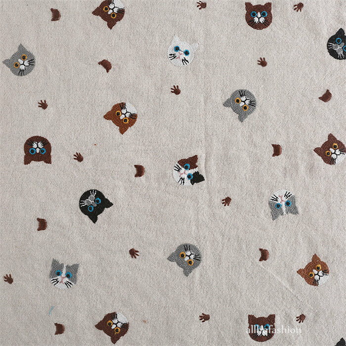 生地 幅125cm 1m売り 猫 刺繍 手芸 布 綿 手作り 高級感 綿麻 コットン ファブリック 布地 繊細 バッグ ワンピース ベージュ ブラック グレー