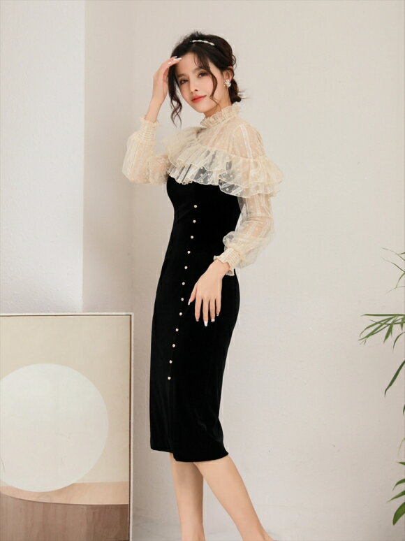 【2000円OFFクーポン対象】 エルケイ ERUKEI ドレス S2045 キャバドレス 大きいサイズ あり ワンピース 袖あり 長袖 タイト スレンダー ミモレ丈 ERUKEI ナイトドレス セクシー 無地 レース 使用 レディース スナック クラブ 女性 大人