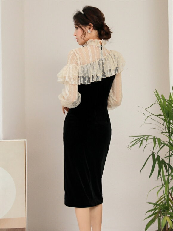 【2000円OFFクーポン対象】 エルケイ ERUKEI ドレス S2045 キャバドレス 大きいサイズ あり ワンピース 袖あり 長袖 タイト スレンダー ミモレ丈 ERUKEI ナイトドレス セクシー 無地 レース 使用 レディース スナック クラブ 女性 大人