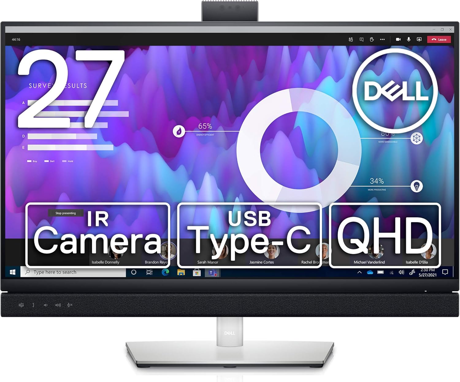 Dell C2722DE 27インチ ビデオ会議 モニター ディスプレイ (QHD/IPS 非光沢/USB-C DisplayPort HDMI/sRGB 99%/縦横回転 高さ調整/LANポート(RJ45)/ドック搭載/IRカメラ マイク スピーカー) Teams認定 顔認証 収納可能カメラ 中古 3ヶ月保証付き