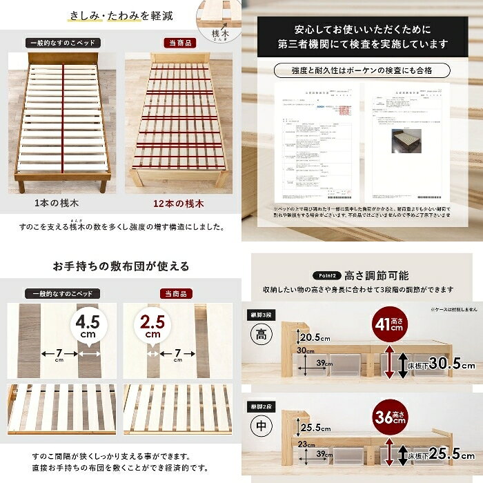 HAGIHARA[直送5]小物の落下を防ぐ縁付き宮棚 高さ三段階調節 大容量収納スペース 頑丈すのこベッド シングルサイズMB-5164S-DBRダークブラウン [3]