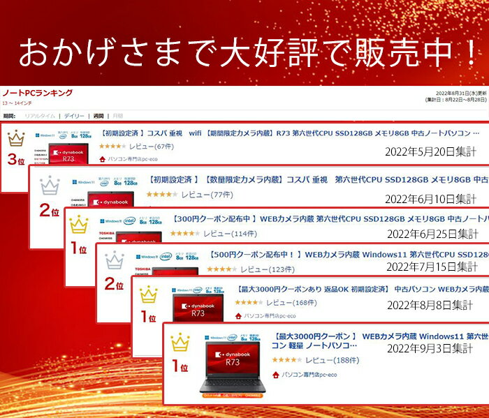 【最大3000円クーポンあり 返品OK 初期設定済】 中古パソコン WEBカメラ内蔵 Windows11 第六世代CPU SSD128GB メモリ8GB 中古ノートパソコン 軽量 東芝Dynabook R73 ノートパソコン 中古 中古ノートパソコン office付き MIcrosoft Office 2021 変更可 中古pc 安い 長期保証