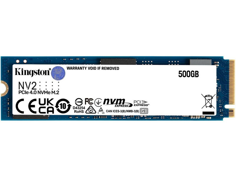 500GB NV2 NVMe PCIe SSD Gen 4.0 x 4 読取最大3500Mb/秒 書込最大2100Mb/秒 Kingston NV2 PCIe 4.0 NVMe SSD は、Gen 4x4 NVMe コントローラを活用した大容量次世代ストレージソリューションです。NV2 の最大読み取り速度は 3500MB/秒、最大書き込み速度は 2800MB/秒で、消費電力が少なく、発熱量が低く、システムのパフォーマンスの最適化に役立ち、妥協なしに付加価値を高めます。NV2 は小型シングルサイド M.2 2280 22x80mm設計で、ストレージを最大 4TBまで拡張しながら、省スペースで他のコンポーネントを設置可能で、薄型ノートパソコン、スモールフォームファクタシステム、自作 PC のマザーボードに最適です。容量は 250GB4TBをご用意していますので、アプリケーション、文書、写真、動画などに必要なスペースは十分にあります。