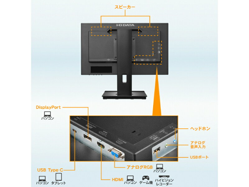 【送料無料】IODATA LCD-C221DB-F-AG ワイド液晶ディスプレイ 21.5型/ 1920×1080/ HDMI、アナログRGB、DisplayPort、USB Type-C/ ブラック/ スピーカー：あり/ USB Type-C搭載モデル！/ 「5年保証」/ 抗菌モデル