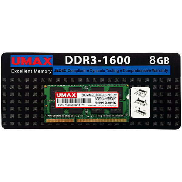 【送料無料】UMAX UM-SODDR3S-1600-8G ノートPC用メモリー SO-DIMM DDR3-1600 8GB 1枚組【在庫目安:お取り寄せ】