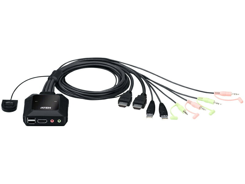 2ポートUSB HDMIケーブルKVMスイッチ（4K対応） ATENケーブルKVMスイッチCS22Hは、USB＆HDMIコンソールを備えた2台のコンピューターに即座にアクセスできる環境を構築することでユーザーに最大の利便性をもたらすと同時に、4K DCI（4096×2160@60Hz）の高品質映像に対応することにより最適なビジュアルを提供します。ユーザーがコンピューターを切り替えたいときは、製品本体に一体化したワイヤードリモコンを押すだけで直感的な操作が楽しめます。また、USB2.0ハブとして周辺機器の共有に対応しているため、データを容易に統合し、データ伝送を中断することなく確実に行うことができます。 詳細スペック 電気用品安全法(本体)非対象 電気用品安全法(付属品等)適合/例外承認 電気用品安全法(備考)対象品目(電源アダプタ）を同梱