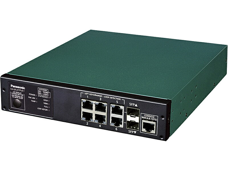 4ポート PoE給電スイッチングハブ FA-ML4TPoE+ ファンレス設計。10/100BASE-T×6ポート。SFP2ポート。4ポート給電。最大給電電力62W。動作環境温度050℃。VLAN、リングプロトコル、SNMP、MSTP、ループ検知・遮断機能、ループヒストリー機能、PoEオートリブート機能搭載。 詳細スペック タイプL2PoEスイッチングハブ 標準ポート数6 最大ポート数6 通信速度10M、100M SNMP機能あり　SNMPv1/v2c/v3 AUTO-MDIX機能あり VLAN機能あり　タグVLAN、　ポートVLAN、　voiceVLAN、　プライベートVLAN、　ダイナミックVLAN、　ゲストVLAN 冷却ファンなしファンレス設計 拡張スロット数2 MACアドレス登録件数16000件 本体カラーグリーン、ブラック 筐体材質金属 マグネットあり ラックマウントキットなし　別売 本体重量2100g 最大消費電力80.8W 本体サイズ(H)44mm 本体サイズ(W)210mm 本体サイズ(D)280mm 電気用品安全法(本体)非対象 電気用品安全法(付属品等)適合/例外承認 電気用品安全法(備考)電源コード