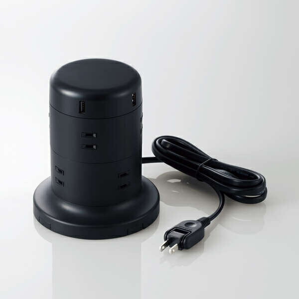 【送料無料】ELECOM TT-U01-0820BK タワー型タップ/ 8個口/ 雷サージ付/ ホコリ防止シャッター付/ 固定可能/ 5ポート合計出力4.8A/ 2.0m/ ブラック【在庫目安:お取り寄せ】