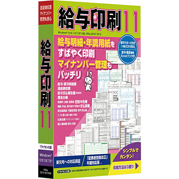 給与印刷 11『給与印刷11』は、給与明細書や源泉徴収票など年調関連用紙をすばやく、簡単、安全に作成できるソフトです。データ作成は、(1)フォームへの直接入力(2)外部データの読み込み(3)付属Excelブックの利用 があり、マイナンバーの印刷も可能です(管理機能搭載)。マイナンバーは、(1)マスター登録して効率よく印刷(2)マスター登録せず直接入力して印刷(3)PCでは管理しない、いずれの場合もOK。状況にあわせて柔軟に対応します。約300点の帳票フォームを収録。※1年間の保守サポート付き ※住民税、雇用保険の設定可(所得税・社会保険の自動計算には非対応)詳細スペックプラットフォームWindows対応OSWindows11/10動作CPUインテルRPentiumR III 800MHz以上を推奨動作メモリ128MB以上推奨動作HDD容量250MB以上モニタ画素数1024×768ドット以上・HighColor以上推奨提供メディアCD-ROM言語日本語納品形態パッケージ1箱ライセンス対象市場限定なしその他動作条件1ライセンス版（ライセンス版のご用意あり）　※初回起動時、認証登録が必要です※付属のExcelブックを利用の場合は、MicrosoftExcel2016-2010が必要※unicode非対応注意事項小型パッケージ情報取得日20181101製品区分新規ライセンス種別限定なし