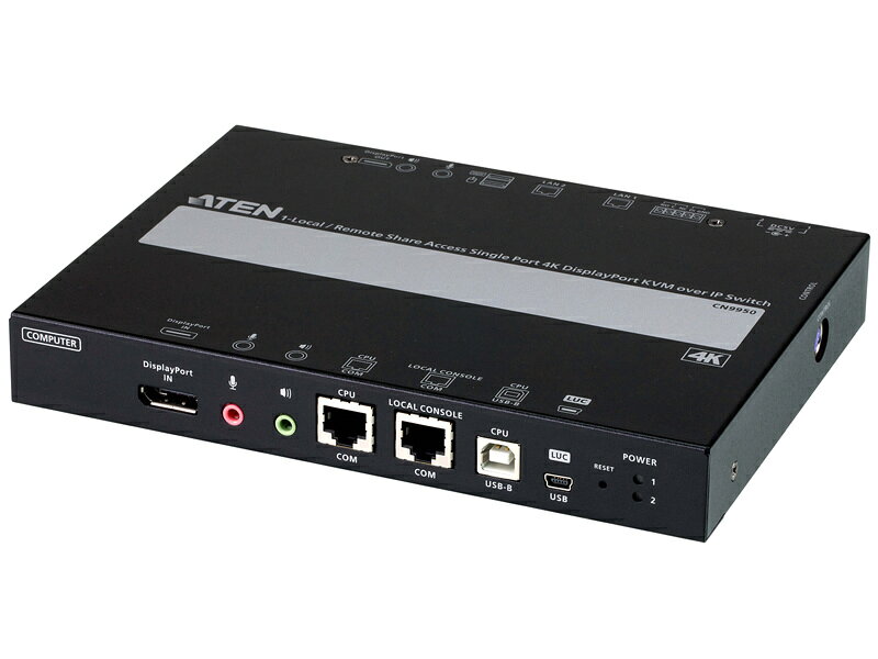 1ローカル/リモート アクセス共有 1ポート DisplayPort KVM over IP（4K対応、RS-232C対応） CN9950は、ローカルコンソールとリモートコンソールの両方で最大4K DCI（4096×2160@30Hz）のDisplayPort解像度に対応したPC/ワークステーションのデジタルビデオ、オーディオ、バーチャルメディアへのリモートアクセスを可能にする製品です。高度なFPGAグラフィックプロセッサーを搭載したCN9950は、より優れた品質のイメージやビデオを提供するとともに、シリアル制御用のRS-232規格にも準拠しています。フロントパネルのMini USBポートは、ユーザーが便利に使えるよう、ノートパソコン接続用のラップトップUSBコンソール(LUC)ポートとして設計されています。これにより、ユーザーはキーボード、モニター、マウスを別途用意しなくても、ノートパソコンを接続してPC/サーバーに対して簡単に日常的なメンテナンスを行うことができます。シームレスな接続を実現するために、CN9950にはデュアルLANとデュアル電源機能が搭載されており、サーバールームでの動作をスムーズかつ効率的に保ちます。また、デバイスの状態監視用の電源状態検出機能は、デバイスがオフライン（例：電源異常）になったときに、自動的にイベント通知を送信します。 詳細スペック 電気用品安全法(本体)非対象 電気用品安全法(付属品等)適合/例外承認 電気用品安全法(備考)対象品目(電源アダプタ）を同梱