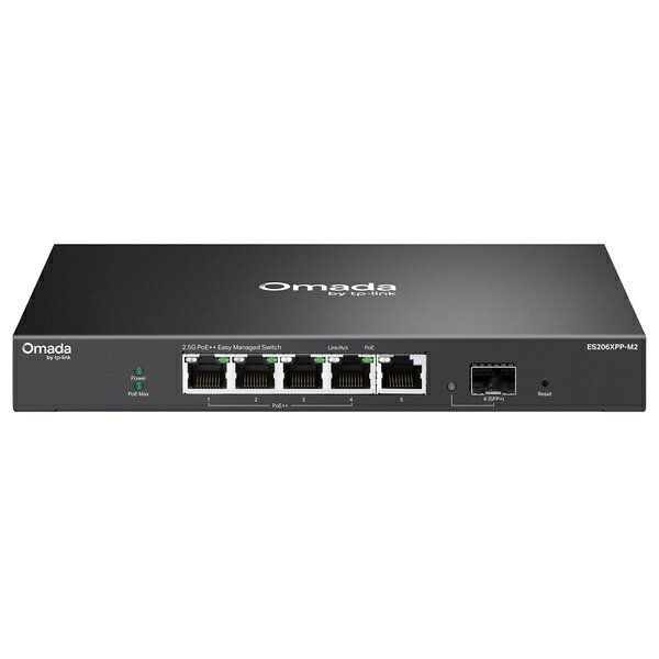 Omada 2.5Gポート×5＆10G SFP+スロット×1 イージーマネージスイッチ（PoE++ポート×4） 詳細スペック タイプイージーマネージド 標準ポート数5 最大ポート数6 通信速度1000M AUTO-MDIX機能あり VLAN機能MTUVLAN、ポートベースVLAN、802.1QタグVLAN、最大32のVLANグループ、4KVID 冷却ファン0 拡張スロット数1 MACアドレス登録件数16000件 本体カラー黒 筐体材質金属 電源ACアダプター 最大消費電力(備考)130W 備考6ポート中4ポートがPoE対応 最大消費電力130W 本体サイズ(H)26mm 本体サイズ(W)209mm 本体サイズ(D)126mm 電気用品安全法(本体)非対象 電気用品安全法(付属品等)適合/例外承認 電気用品安全法(備考)付属のACアダプタが適合