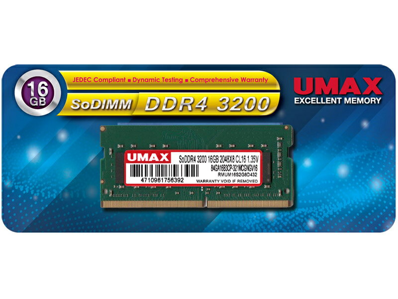 【送料無料】UMAX UM-SODDR4S-3200-16G ノートPC用メモリー SO-DIMM DDR4-3200 16GB 1枚組【在庫目安:お取り寄せ】