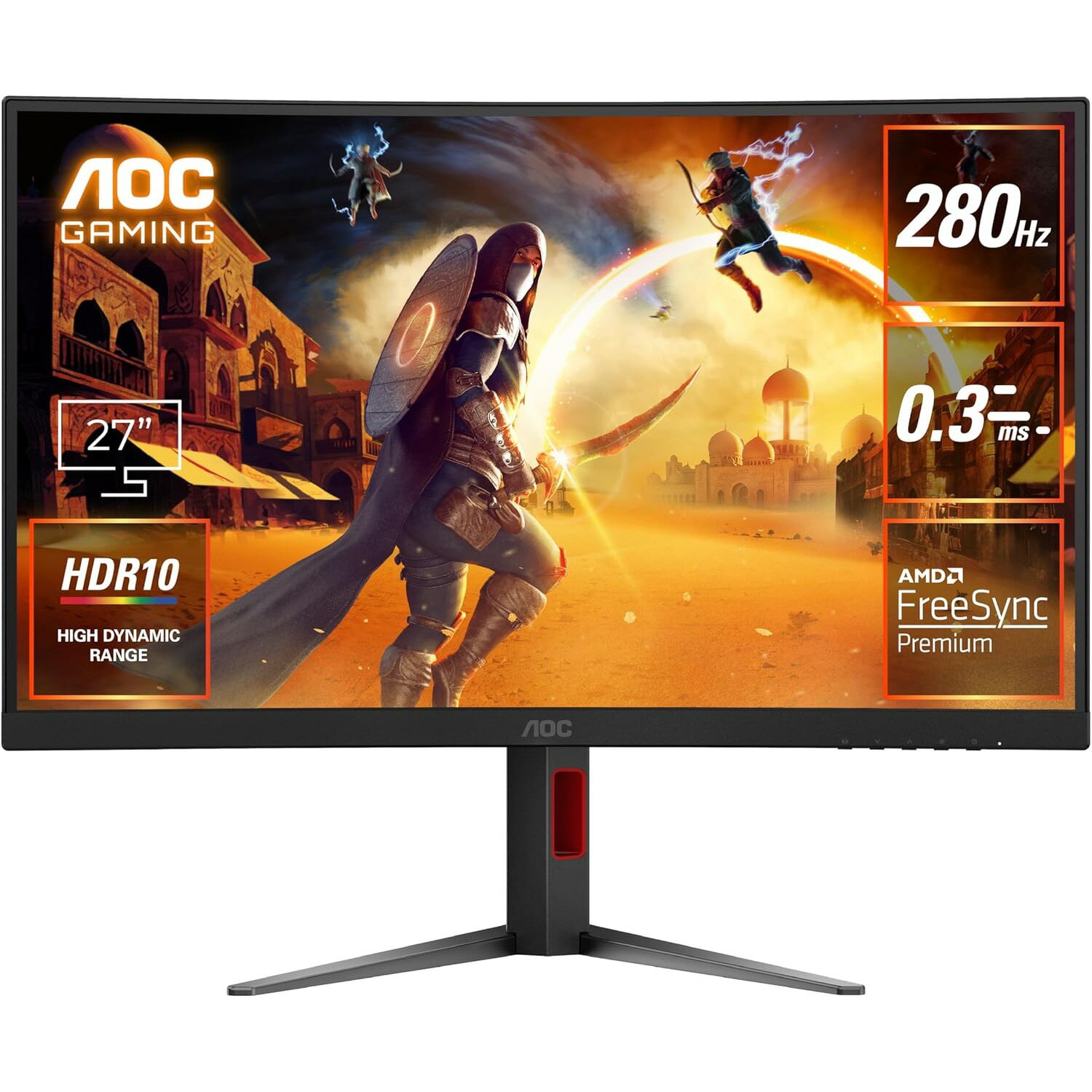 AOC エーオーシー ゲーミングモニター C27G4Z/11 27インチ 曲面 湾曲 フルHD FastVA 1500R 280Hz 1ms 0.3ms HDMI DisplayPort HDR10 チルト スイベル 高さ調整 ゲーミングディスプレイ 27型 1080p ノングレア 非光沢 ブラック 約10億7300万色