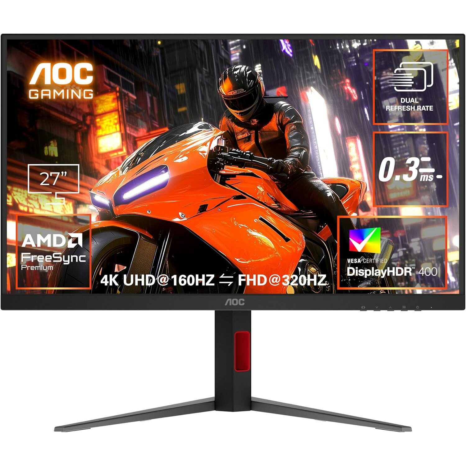 AOC エーオーシー ゲーミングモニター U27G4/11 27インチ 4K UHD 3840×2160 FastIPS 320Hz 160Hz 144Hz 1ms 0.3ms HDMI2.1 DisplayPort DisplayHDR400 チルト スイベル ピボット 高さ調整 ゲーミングディスプレイ 27型 ノングレア 非光沢 ブラック 約10億色