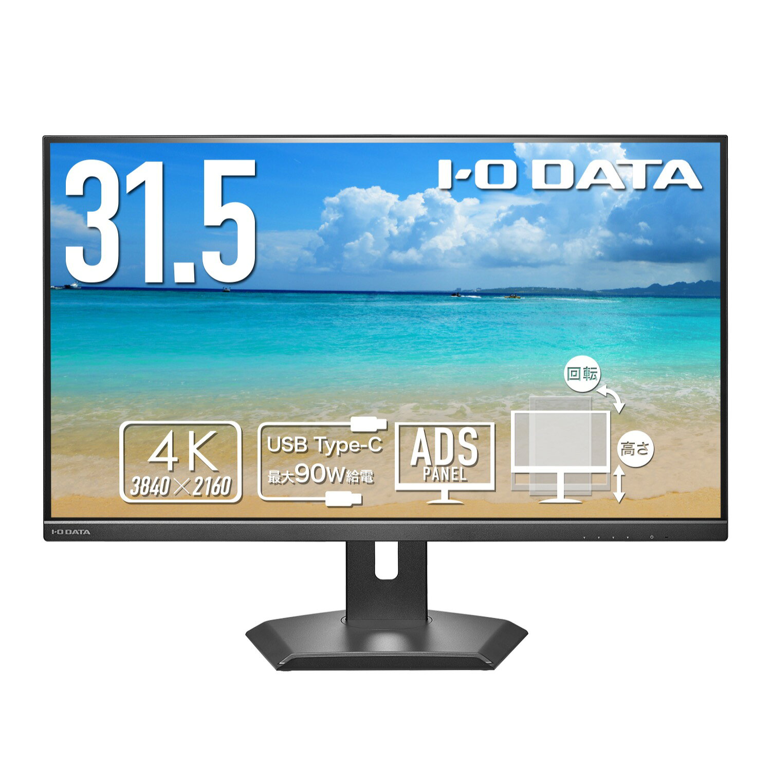 【送料無料】アイオーデータ EX-CU321D-F ワイド液晶ディスプレイ 31.5型/ 3840×2160/ HDMI×1、DisplayPort×1、USB Type-C×1/ ブラック/ スピーカー：あり/ 4K、高精細でなめらかな映像美!/ 90W給電USB-C＆LAN