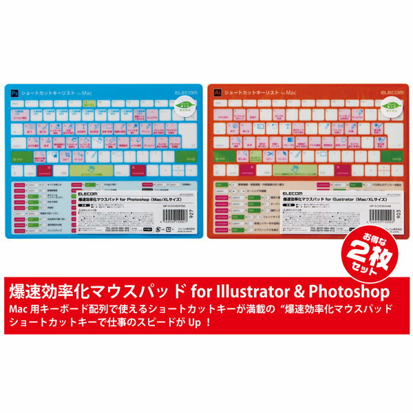 Photoshop用・Illustrator用ショートカット【爆速効率化マウスパッド for Mac 2枚セット】エレコム・ELECOM