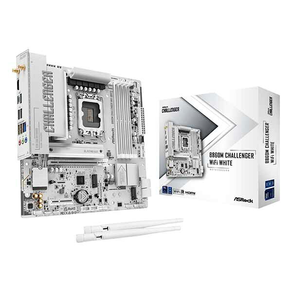 Intel B860チップセット搭載。オールホワイトのデザインを採用するコストパフォーマンスに優れたmicroATXマザーボード [特徴] ・Intel B860チップセット搭載 ・Intel Core Ultra 200Sプロセッサ対応 ・microATXフォームファクター ・DDR5-8666 オーバークロックメモリに対応 ・PCI Express 5.0 x16スロットを搭載 ・Blazing M.2スロット、Hyper M.2スロットを装備 ・M.2 SSD用ヒートシンクを搭載 ・HDMI 映像出力端子装備 ・2.5ギガビットLAN、Wi-Fi 7モジュールを搭載 ・ゲーマー向けに最適化されたLightningゲーミングポートを搭載 ・コネクタを補強し信号伝達を安定させる「Steel Slot」 ・ライティングをカスタマイズできる「Polychrome RGB」 Intel B860チップセットを搭載 Intel Core Ultra 200SプロセッサをサポートするIntel B860チップセットを搭載したmicroATXマザーボードです。PCI Express 5.0対応のグラフィックボードとM.2デバイスをサポートするほか、DDR5-8666のオーバークロックメモリに対応しており、優れたAI体験とゲーミングパフォーマンスを発揮します。 PCI Express 5.0 x16スロットを装備 高速データ転送を実現するPCI Express 5.0 x16スロットを搭載。スロットには表面実装のSMTプロセスを採用しており、安定性のある高速なデータ転送を実現します。 Blazing M.2スロットを装備 PCI Express 5.0 x4の帯域を使用することにより、最大128Gb/sの転送速度を実現することができるBlazing M.2スロットを装備。また、強力な冷却用ヒートシンクを搭載しており、M.2デバイスの放熱効率を高めています。 2.5ギガビットLAN、Wi-Fi 7モジュールを搭載 ゲームトラフィックを高速化することができるRealtek Dragon RTL8125BG 2.5ギガビットLANを搭載。Wi-Fi 7とBluetooth 5.4に対応したモジュールも搭載しており、高速接続に対応しています。 Lightningゲーミングポートを搭載 ゲーマー向けに最適化されたUSB信号設計を採用するLightningゲーミングポートを搭載。高速なポーリングレートに対応したゲーミングデバイスを接続することで、最高のパフォーマンスを発揮することができます。 [仕様] 製品名 ASRock B860M Challenger WiFi White チップセット Intel B860チップセット 対応CPU LGA1851（Intel Core Ultra 200Sプロセッサ対応） フォームファクター microATX メモリソケット DDR5 DIMM×4（最大256GB）DDR5-8666(OC)対応 拡張スロット PCI Express 5.0 x16スロット×1PCI Express 4.0 x4スロット×1M.2スロット×1（Wi-Fiモジュール占有） インターフェース USB 5Gbps×7（Type-C×1、Type-A×3、Type-C 内部コネクタ×1、ヘッダピン×2）USB 2.0×6（Type-A×2、ヘッダピン×4）オーディオジャック×3（Realtek ALC897）2.5ギガビットイーサネット×1（Realtek Dragon RTL8125BG）Wi-Fiアンテナ用ポート×2 映像出力 HDMI×1 無線機能 Wi-Fi 7 802.11be MU-MIMO Wi-Fi、Bluetooth 5.4 ストレージ M.2 128Gbps×1M.2 64Gbps×2SATA 6Gbps×4 対応RAID RAID 0,1,5,10（SATA） 型番 B860M Challenger WiFi White JANコード 4711581494619 発売時期 2026年 5月13日