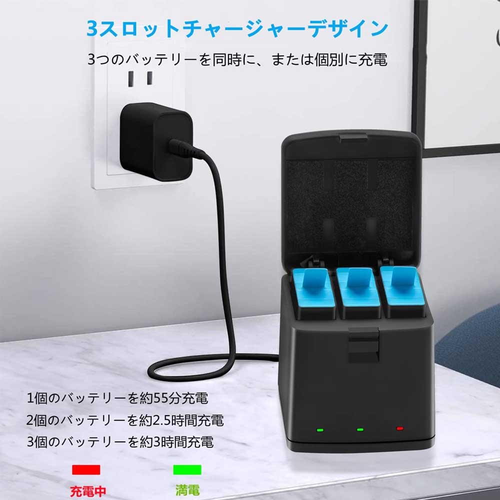 GoPro Hero 13 ブラック用バッテリー充電器 トリプルスロット同時充電 USB 充電ケ...