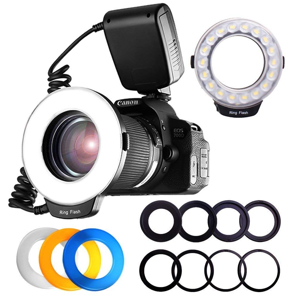 カメラ 一眼レンズカメラ用 接写専用ストロボ LED 48球 マクロリングライト マクロリングフラッシュ Canon,Nikonに対応ストロボ LCDディスプレイ 送料無料